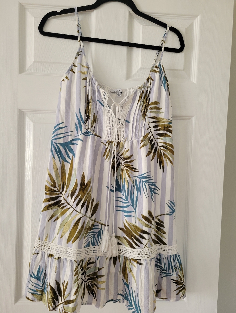 Womens Size Medium Tropical Leaf Print Sundress - White, Olive & Teal
